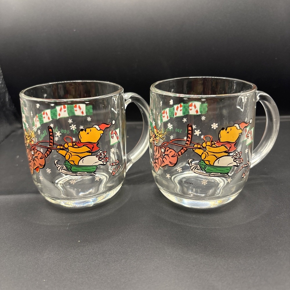 Vintage Winnie the Pooh "A 100 Acre Holiday" Christmas Glass Mug Set of 2